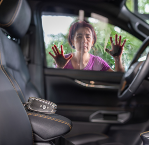 RJL-Blog-May-CarLockout Woman locked out of car with keys in it