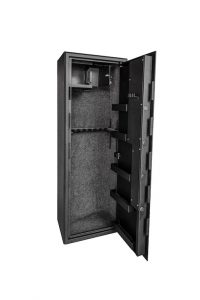 A metal gun safe. Safe storage for weapons. Isolate on a white background.