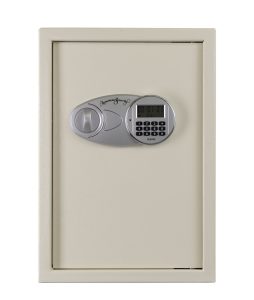 medium sized white safe with key pad on the front