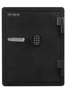 black safe with a key pad on the front and a handle
