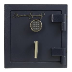 small blue safe with key pad on the front