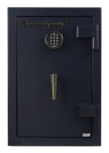 dark blue american security safe, closed, with key pad on the front