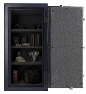dark blue safe, open to show the sizing of what it can hold