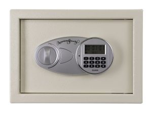 small white safe with key pad on the front