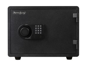 small and wide black safe with key pad on the front